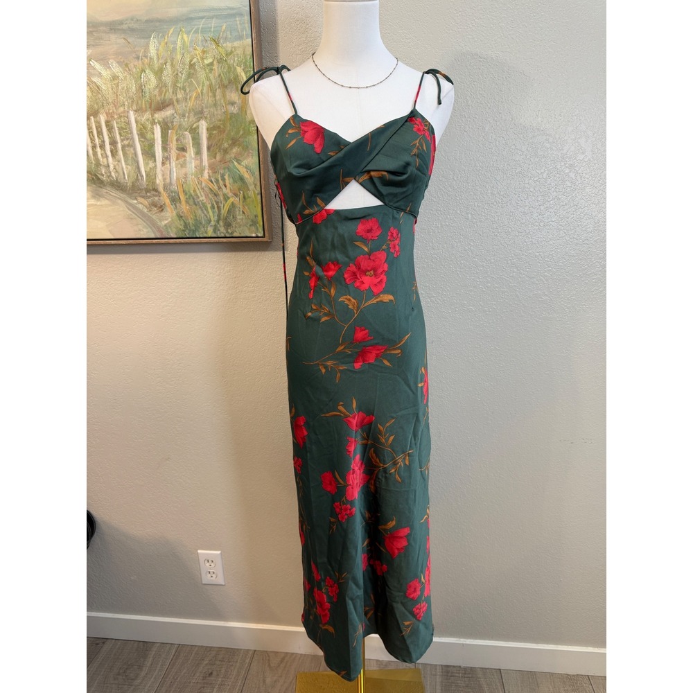 Hello Molly Green Floral Cutout Midi Dress Small Open Back Tie Strap